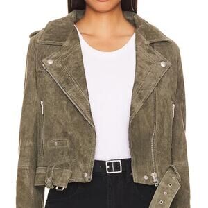 BlankNYC XSmall Olive Green Suede Moto Jacket Real Leather Belted Zippers